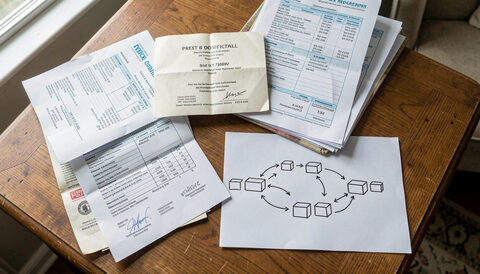 A table covered with bank statements, a property deed and a hand-drawn chain of company boxes.