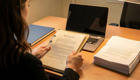A compliance officer reading a printed regulation at a desk with a laptop and a stack of signed forms.