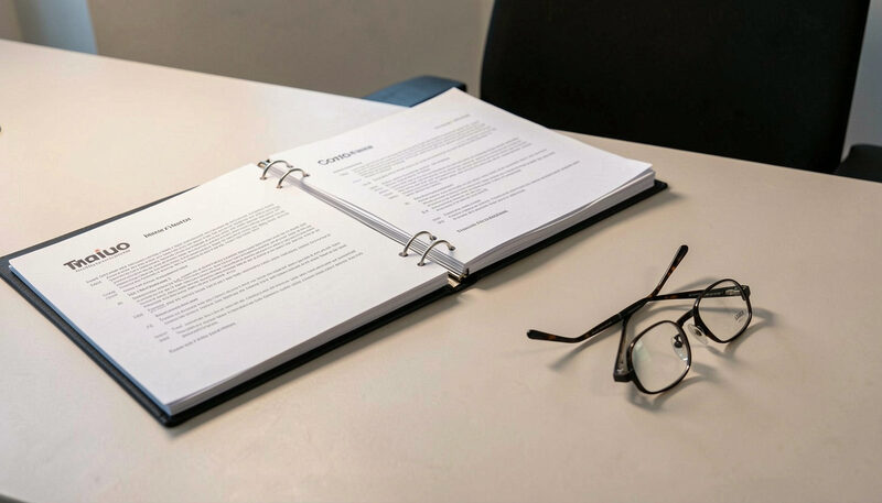 Two open folders of printed company records on a plain desk beside a pair of reading glasses under soft office light.