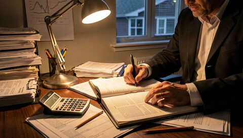 A forensic accountant working through printed ledgers and bank statements under a desk lamp at night.