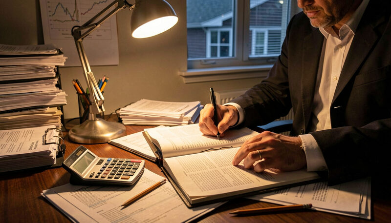 A forensic accountant working through printed ledgers and bank statements under a desk lamp at night.