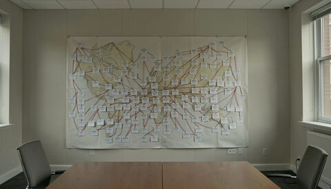 A wall map of linked companies and arrows pinned with red thread in a quiet meeting room.