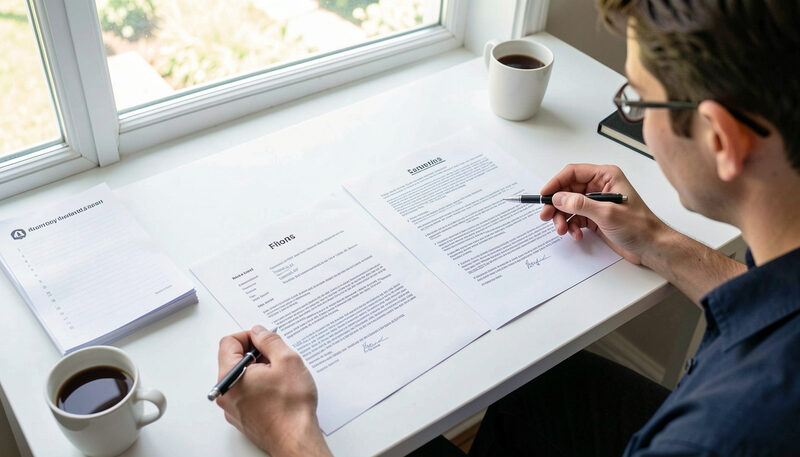 A compliance analyst checking an identity document against an online register at a bright desk.