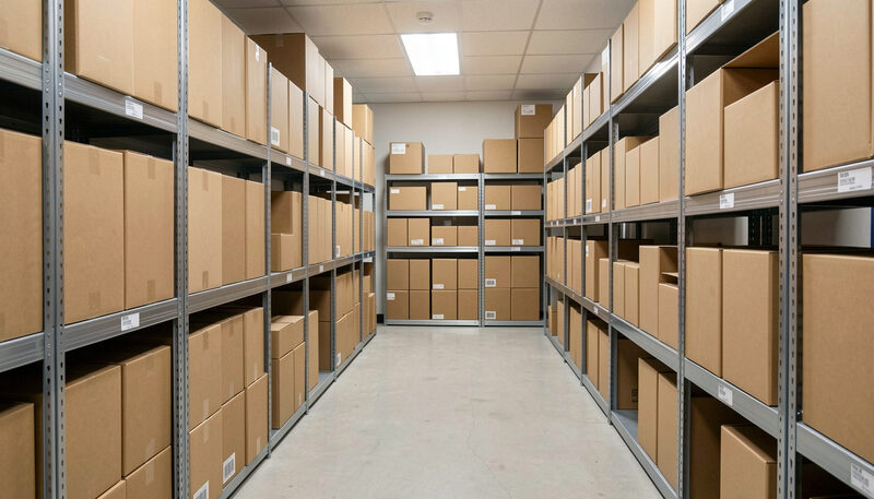 Rows of boxed and labelled files on metal shelving in a document room.