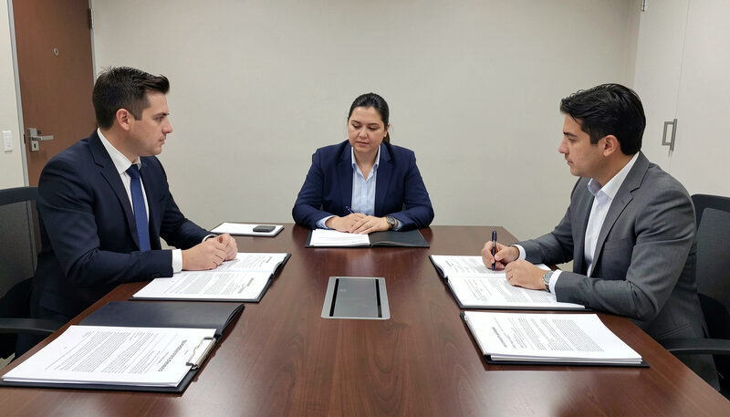 A monitor reviewing compliance files with two company officers across a boardroom table.