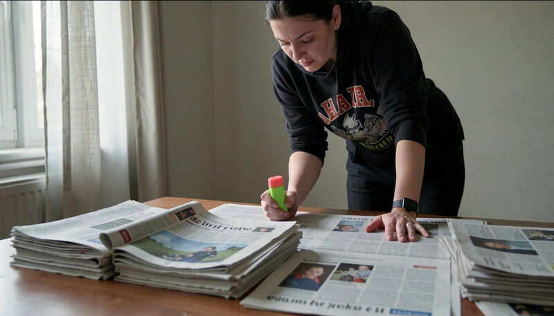 A researcher scanning a spread of newspapers and printouts on a table with a highlighter in hand.